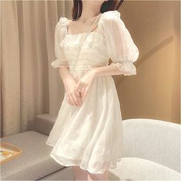 French Summer Dress Women White Puff Sleeve Korean Style Fairy Dress Lace Chiffon Japan Style Kawaii Elegant Vintage Dress 210316