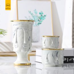 RUX WORKSHOP Nordic Face Shape Designs Best Marble Ceramic Vase flower pot Gold Home Decoration Accessories Tools 210310