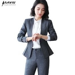 Grey Fashion Women Pants Suit Professional Formal Long Sleeve Slim Blazer and Trousers Office Ladies Work Wear 210604