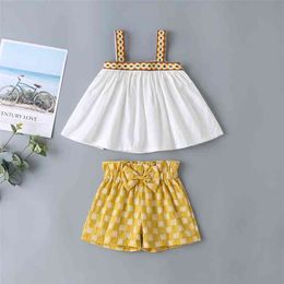 Summer Infant Rompers Clothes Strap Print Tops Bow Yellow Shorts Baby Girls Costume 12M-5T 210629