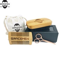 Hair Brush Beard Brushes and Comb Set MOQ 100 Sets OEM Custom LOGO Bamboo Beards Care Kit with Triming Scissors in Customised Bag Box for Men