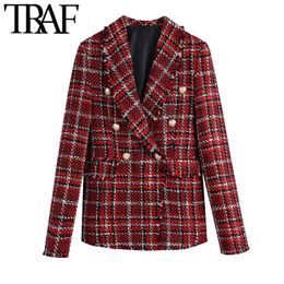 TRAF Women Fashion Double Breasted T Check Blazer Coat Vintage Long Sleeve Frayed Trims Female Outerwear Chic Tops X0721