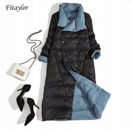 Fitaylor Women Double Sided Down Long Jacket Winter Turtleneck White Duck Coat Breasted Parkas Warm Snow Outwear 211008