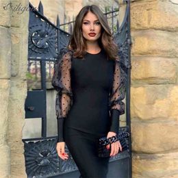 Fashion Lace See-Through Puff Sleeve O-Neck Slim And Elegant Office Ladies Formal Tight Sexy Party Club Bandage Dress 210525