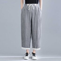 Johnature Sumemr New Casual Plaid Ankle-length Pants For Women 2021 Elastic Waist Tie Patchwork Pockets Female Harem Pants Q0801