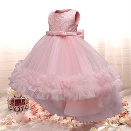 Pink Lace Girls Princess Dress For Kids Wedding Formal Evening Sleeveless Long Tail Gown Children Embroidery Pageant Vestidos Q0716