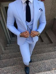 Newest Groomsmen Peak Lapel Groom Tuxedos Light Blue Men Suits Wedding/Prom/Dinner Best Man Blazer ( Jacket+Pants+Tie+Vest ) W971