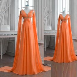 Orange Beaded Prom Dresses Off Shoulder V Neck Evening Gowns A Line Chiffon Sweep Train Pleated Formal Dress