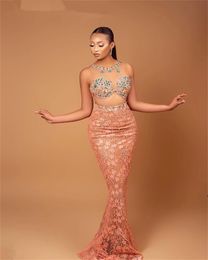 2022 Arabic Style Illusion Mermaid Prom Dresses Top Beaded Pink Lace Bottom Formal Party Dress Satin vestido de novia