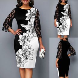 Office Ladies Floral Bodycon Dress Spring Summer Dress Women Mesh 3/4 Sleeve Vintage Sexy Party Dresses Female Midi Dress D30 210309