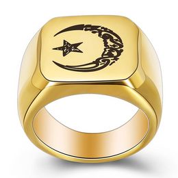 Muslimischer kleiner Bairam-Ring mit Stern und Mond, Gold, Blau, Schwarz, Edelstahl-Siegelringe für Männer, Modeschmuck, Will und Sand