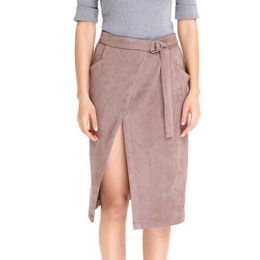 Clearance Women Winter Spring Skirt Split Jupe with Waist Belt Female Fall Fashion Brown Solid Colour Knee-Length Skirts Clothing 210527