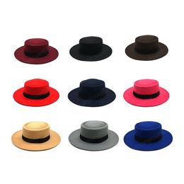 Winter Simple Fashion Wide Brim Vintage Wide Fedoras Hats for Women Solid Colour Flat top Black ribbon Casual Panama Jazz cap