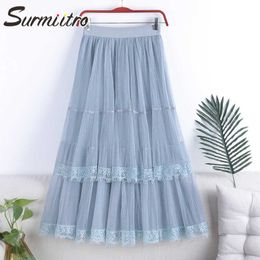 SURMIITRO 3 Layers Long Tulle Summer Skirts Women Korean Lace Patchwork Aesthetic High Waist Midi Pleated Skirt Female 210712