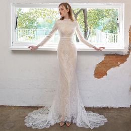 Vintage Arabic Dubai Mermaid Wedding Dresses High Neck Long Sleeves Lace Applique Bridal Gowns Formal Dresses Custom Made