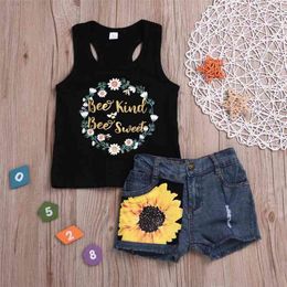 Summer Children Sets Casual Sleeveless Print Letter Tank Sunflower Denim Shorts Cute 2Pcs Girls Clothes 1-6T 210629