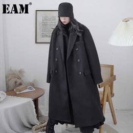 [EAM] Black Vintage Double Breasted Big Size Long Woolen Coat Parkas Long Sleeve Women Fashion Autumn Winter 1DD0332 210930