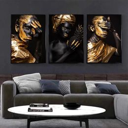 African Golden Beauty Girls Canvas Painting Black Girls Make Up Posters and Prints Wall Art Picture for Living Room Decoration