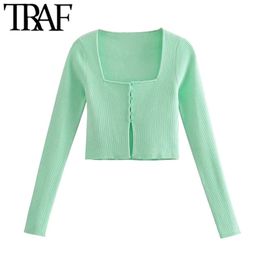 TRAF Women Sexy Fashion Cropped Knitted Cardigan Sweater Vintage Square Collar Long Sleeve Female Outerwear Chic Tops 210914