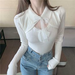 T-shirt Female Spring Autumn Lace Long Sleeve Backing Tops Foreign Style Top Fashion White Bandage Sexy Women Korea E508 210603