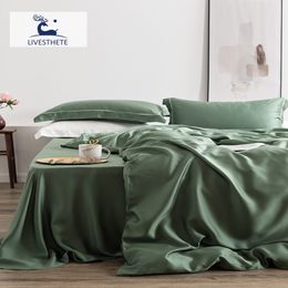 Liv-Esthete 100% Silk Green Bedding Set Mulberry 25 Momme Silk Bed Sheets Beauty Quilt Cover Set Pillowcase Queen King Bed Set 210309