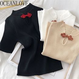OCEANLOVE Knitted T Shirt Women Solid Chinese Style Vintage Fashion Ropa Mujer Summer Tops Tee Elegant T-shirt 17006 210304
