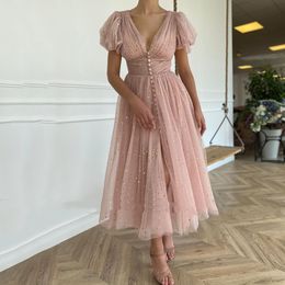 Glitter Blush Pink Short Homecoming Dresses V-Neck Puff Sleeves Pleated Tulle Prom Party Dress Buttons Tea Length A-Line Graduation Gowns