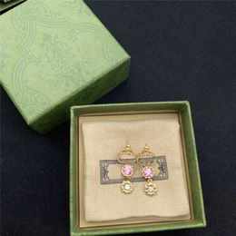 Full Diamond Flower Charm Earrings Double Letter Crystal Earring Floral Designer Pendant Studs Eardrop With Stamps Gift Box