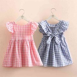 Summer 2 3 4 6-12 Years Children College Style Plaid O Neck Cotton Princes Flying Sleeve Backless Dress For Kids Baby Girls 210625