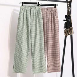 Women Plaid Pants Summer Fashion girls Split Wide Leg Full length Elastic High Waist Plus Size Trousers S-5XL Q0801