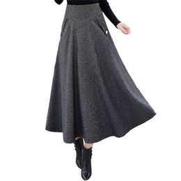 Women Skirts Winter Fashion Warm Winter Office Wool Pleated Maxi Skirt Femme Saia Long High Waist Retro Plaid Woolen 818i 210310