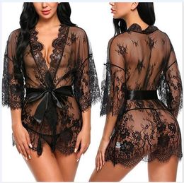 Women's Sleepwear Best Babydoll New Sleepwear Women Lace Sheer Lingerie Sexy V-neck Nightwear Robes With G-string Babydoll Women Sleepwear