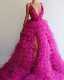 Side Split New Prom Dresses Deep V Neck Ruffles Skirt Tulle A Line Evening Gowns Puffy Pageant Dress