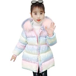 Jackets Girls Fur Parka Coat Cotton Padded Girl Coats Kids Rainbow Striped Teenage Clothes For 6 8 10 12 14