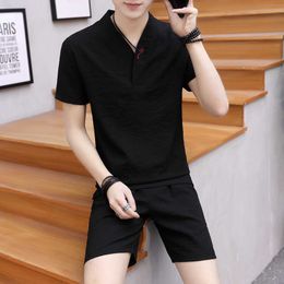 Summer clothes men's 2 pieces sets Casual shorts and Short-sleeved t shirt men breathable Slim Fit V neck linen suits 2020 new Y0831
