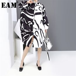 [EAM] Women Black Pattern Prnted Big Size Dress New Lapel Long Sleeve Loose Fit Fashion Tide Spring Autumn 2021 210303