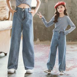 Girls Denim Wide Leg Pants 3-13 Years Old Kids Solid Straight Jeans Korean Casual Trousers Spring and Autumn Children Clothes 210317