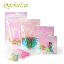 100Pcs Rainbow Transparent Bag Iridescent Zip lock Bags Cosmetic Plastic Holographic Makeup Bags