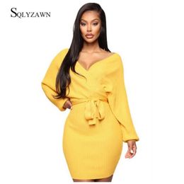 Women Dress Knitted Midi Dress Autumn Winter Ladies Sexy Yellow Burgundy Sweater Bandage Dress Long Sleeve Vintage Korean 210709