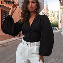 LTPH Hot sale Autumn new women shirts sexy Deep V-neck high waist lantern sleeve fashion single-breasted solid blouse tops 210302