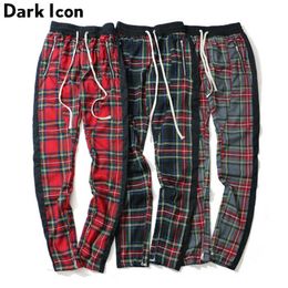 Side Single Stripe Patchwork Elastic Waist Plaid Pants Men High Street Leg Opening Zipper Men's Pants Full Length 210603