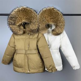 Winter Women 90% White Duck Down Coat Large Natural Fur Collar Hooded Jacket Thickness Warm Khaki Parkas With Belt 211018