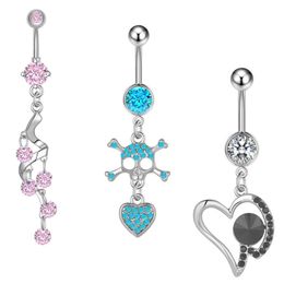 14G Zircon Heart Belly Button Ring Dangle Skull Navel Piercing Jewellery Stainless Steel Barbell for Women