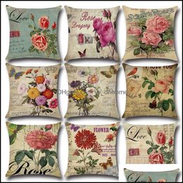 Cushion/Decorative Pillow Home Textiles & Garden Vintage Rose Flower Case Cotton Linen Cushion Er Office Sofa Car Throw Pillowcase Romantic