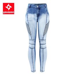 2236 Youaxon New Arrived EU Size Motor Biker Jeans Woman Plus Size 5 Pockets Stretch Bleach Wash Skinny Denim Pants For Women 210311