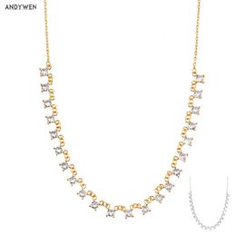 ANDYWEN 925 Sterling Silver Gold Clear Zircon Charms Chain Necklace Long Choker Women Fashion 2020 Party Wedding Jewellery Gift Q0531