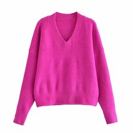 ZA Autumn Winter Women Knitted Sweater Deep V-neck Solid Casual Pullover Soft Loose Long Sleeve Warm Streetwear 210922