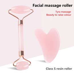 Newest Non-jade Roller Massager Resin Heart-shaped Powder Crystal Face Scraping Board Set Scrapping Plate Rollers