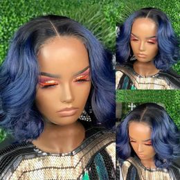 Ombre Lace Front Human Hair Wigs Wavy Bob 1B/Blue 13x6Lace Frontal Wig Brazilian Closure Wigss Pre Plucked 360Lace full laceWig For Women hairline