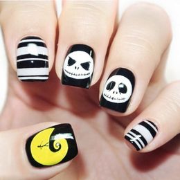 -24pcs Halloween Giallo Luna Stampa sulle unghie per i bambini Bianco e nero Punk Skull Breve tips per unghie false per bambini con colla